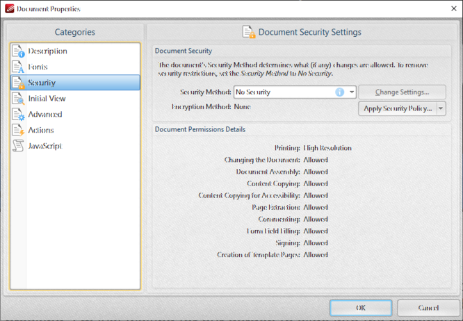 PDF Security properties of non-indexed file